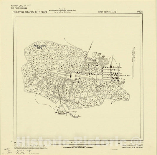 Map : Iriga, Philippine Islands 1944, Iriga, Philippine Islands, Camarines Sur Province, Antique Vintage Reproduction