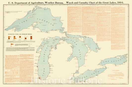 Map : Great Lakes 1894, Wreck and casualty chart of the Great Lakes, 1894 , Antique Vintage Reproduction