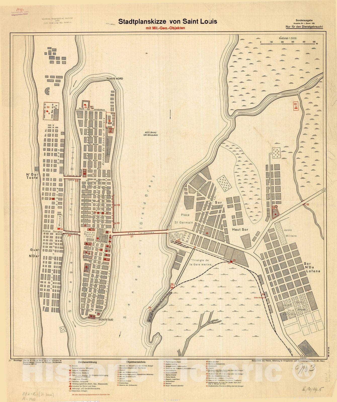 Map : St. Louis, Senegal 1941, Stadtplanskizze von Saint Louis mit Mil.-Geo.-Objekten, Antique Vintage Reproduction