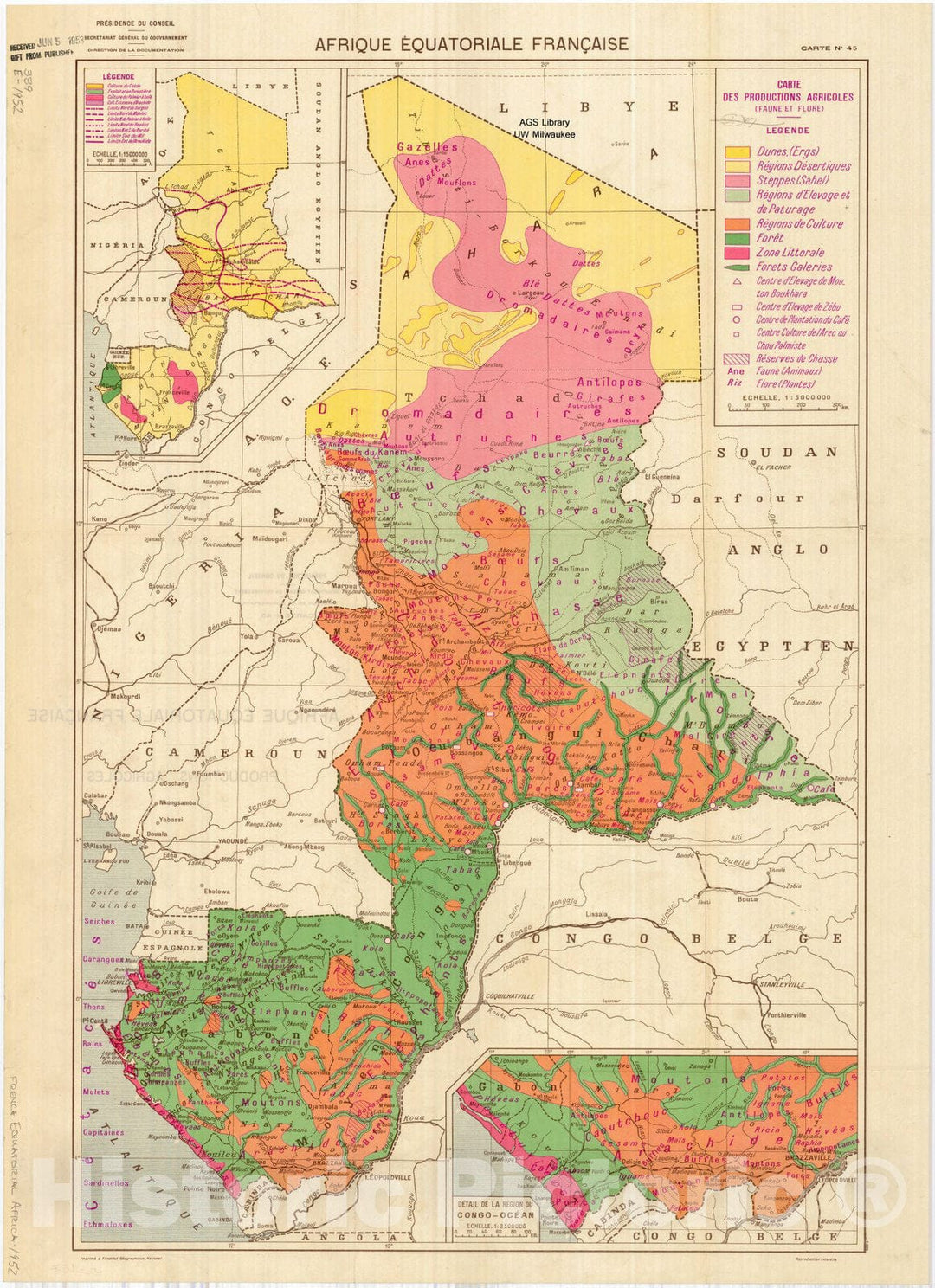 Historic Map : French-speaking Equatorial Africa 1950, Afrique Equatoriale Franc?aise carte no.45 : Carte des productions agricoles (faune et flore) , Antique Vintage Reproduction