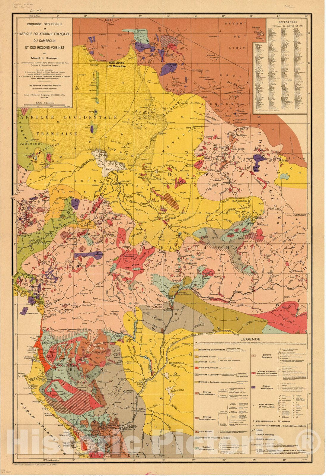 Historic Map : French-speaking Equatorial Africa 1928, Esquisse geologique de l'Afrique equatoriale franc?aise, du Cameroun et des regions voisines , Antique Vintage Reproduction