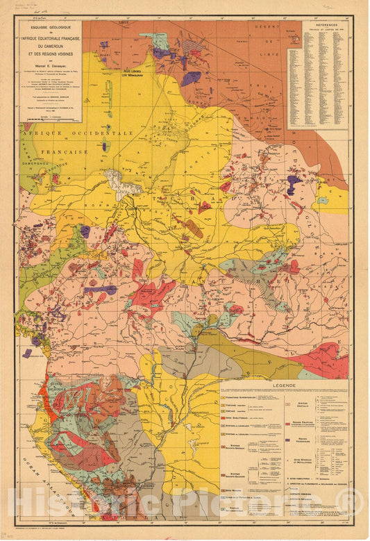Historic Map : French-speaking Equatorial Africa 1928, Esquisse geologique de l'Afrique equatoriale franc?aise, du Cameroun et des regions voisines , Antique Vintage Reproduction
