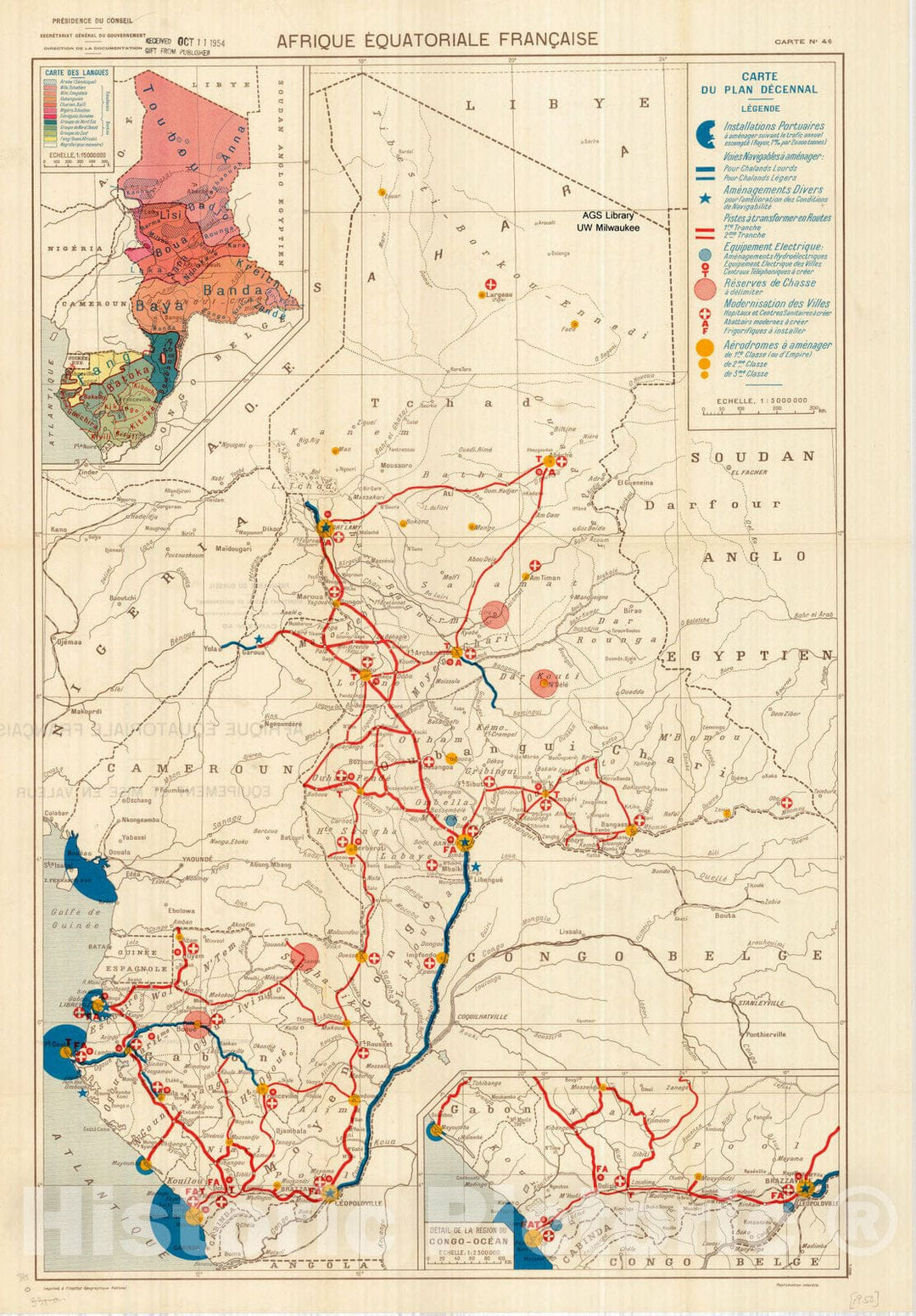 Map : French-speaking Equatorial Africa1950, Afrique Equatoriale Franc?aise carte no. 46 : carte du plan decennal , Antique Vintage Reproduction