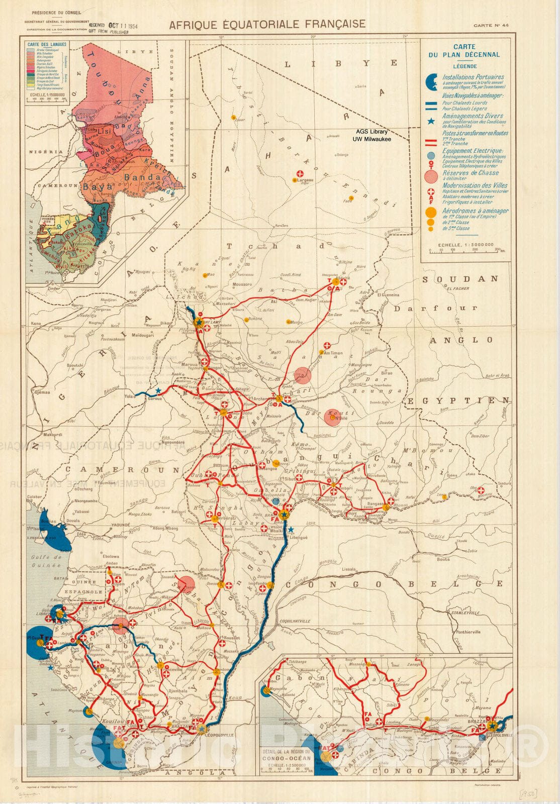 Map : French-speaking Equatorial Africa1950, Afrique Equatoriale Franc?aise carte no. 46 : carte du plan decennal , Antique Vintage Reproduction
