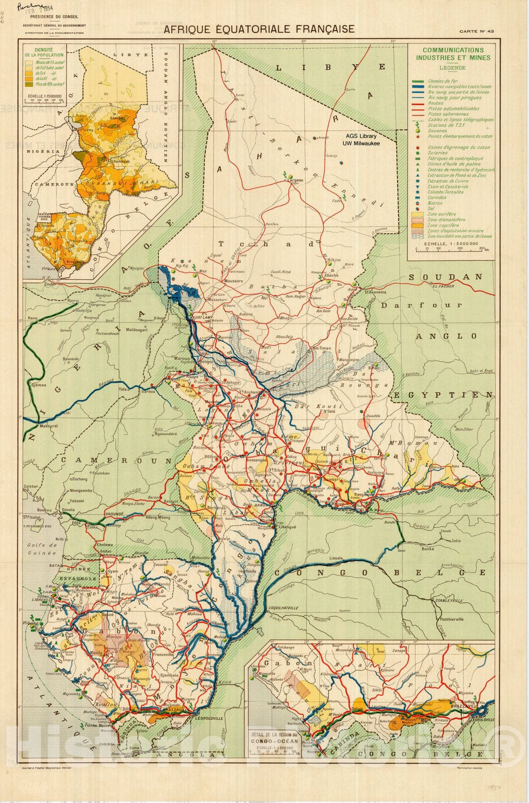 Map : French-speaking Equatorial Africa 1950, Afrique equatoriale franc?aise carte no. 42 : communications, industries et mines , Antique Vintage Reproduction