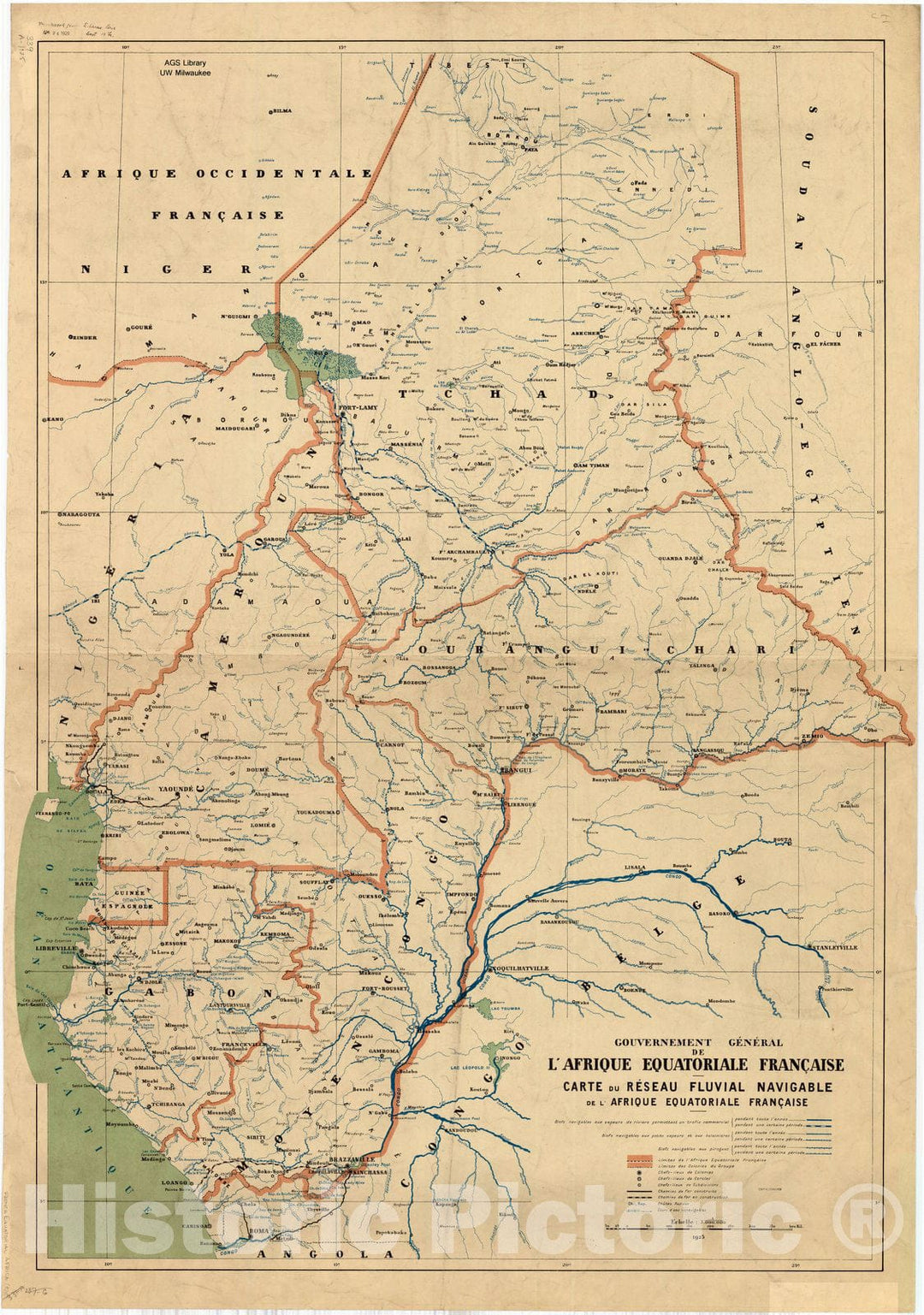 Map : Central Africa 1925, Carte du reseau fluvial navigable de l'Afrique equatoriale franc?aise , Antique Vintage Reproduction