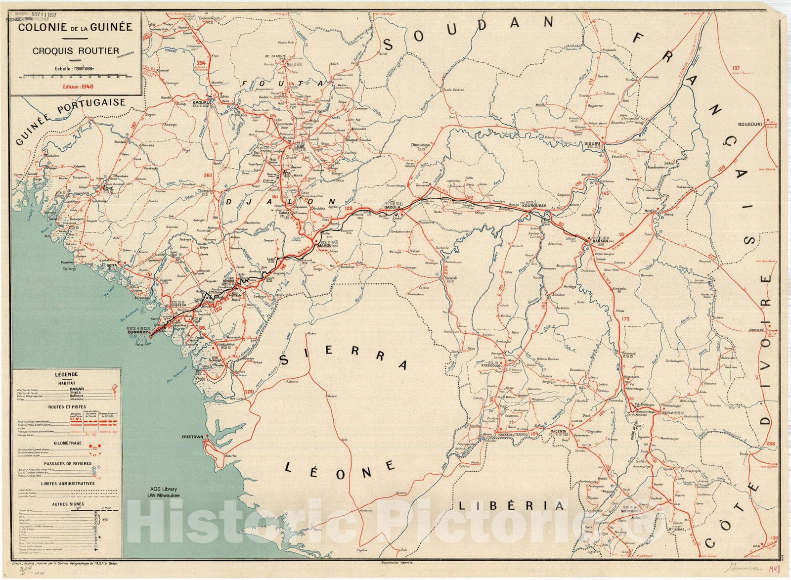 Map : Guinea 1948, Colonie de la Guinee : croquis routier , Antique Vintage Reproduction