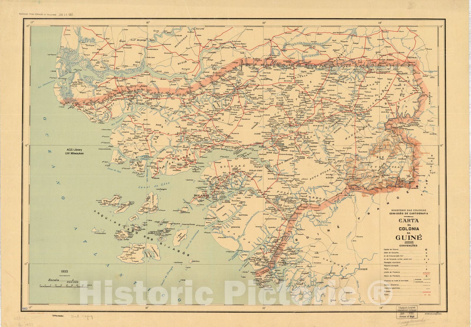 Map : Guinea-Bissau 1933, Carta da colonia da Guine (esboc?o) , Antique Vintage Reproduction