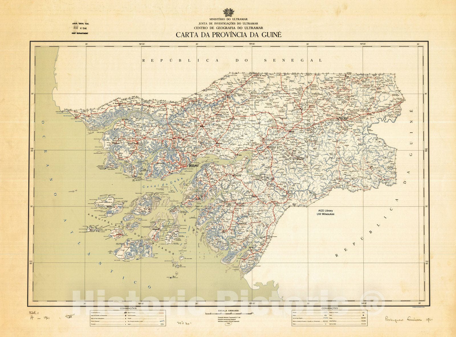 Map : Guinea-Bissau 1961, Carta da Provincia da Guine , Antique Vintage Reproduction