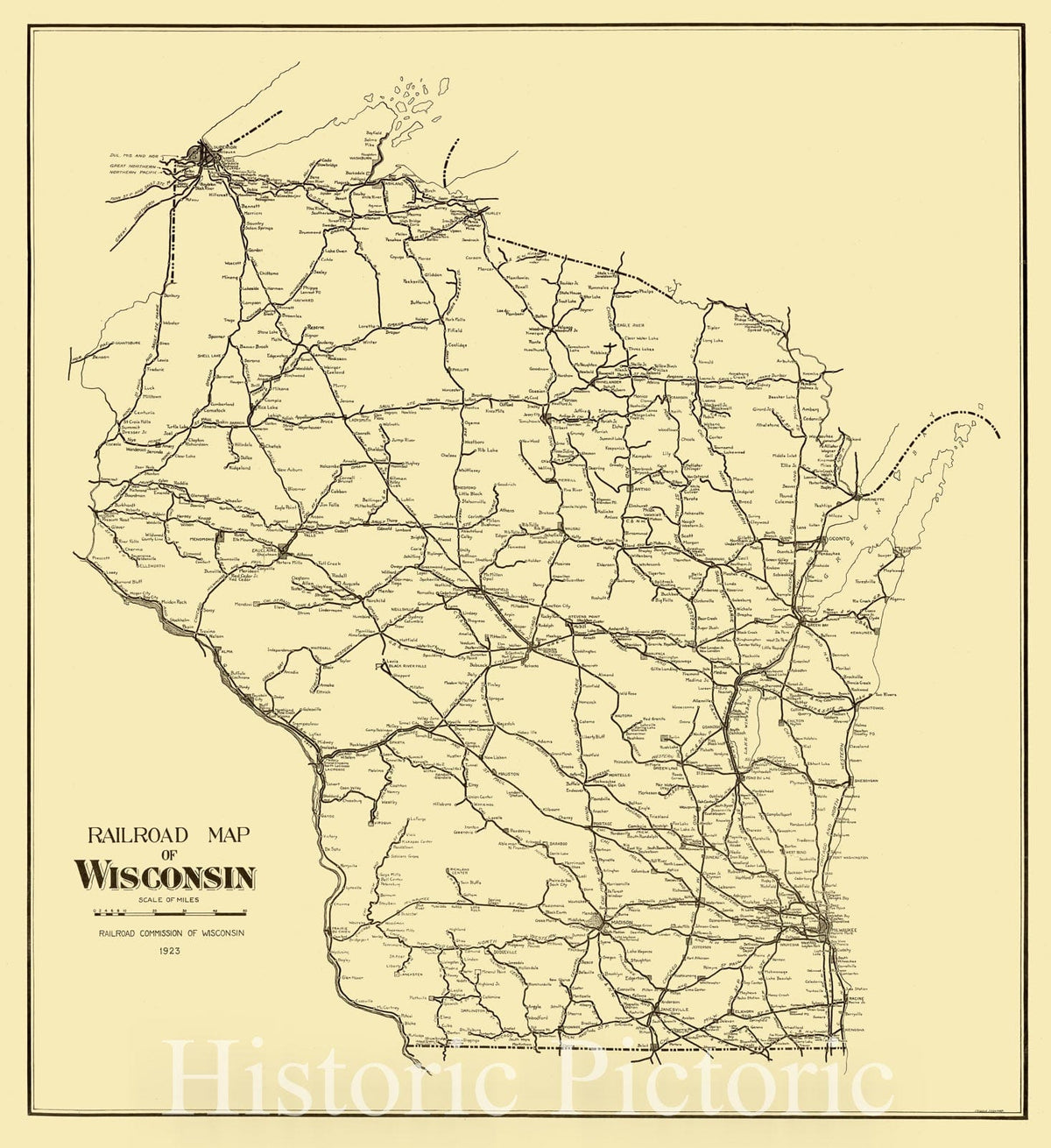 Map : Wisconsin 1923, Railroad map of Wisconsin , Antique Vintage Reproduction