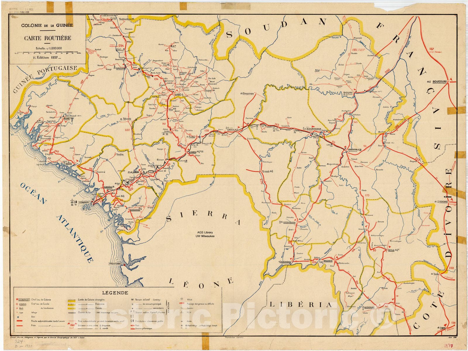 Map : Guinea 1938, Colonie de la Guinee, Carte Routiere, Echelle 1:1,000,000 2e. edition 1937, Antique Vintage Reproduction