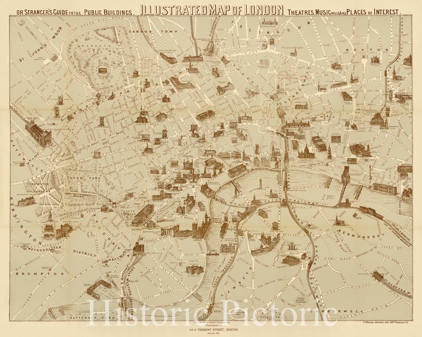 Map : London, England 1877, Illustrated map of London, or, Stranger's guide to the public buildings, theatres, music halls, & and all places of interest