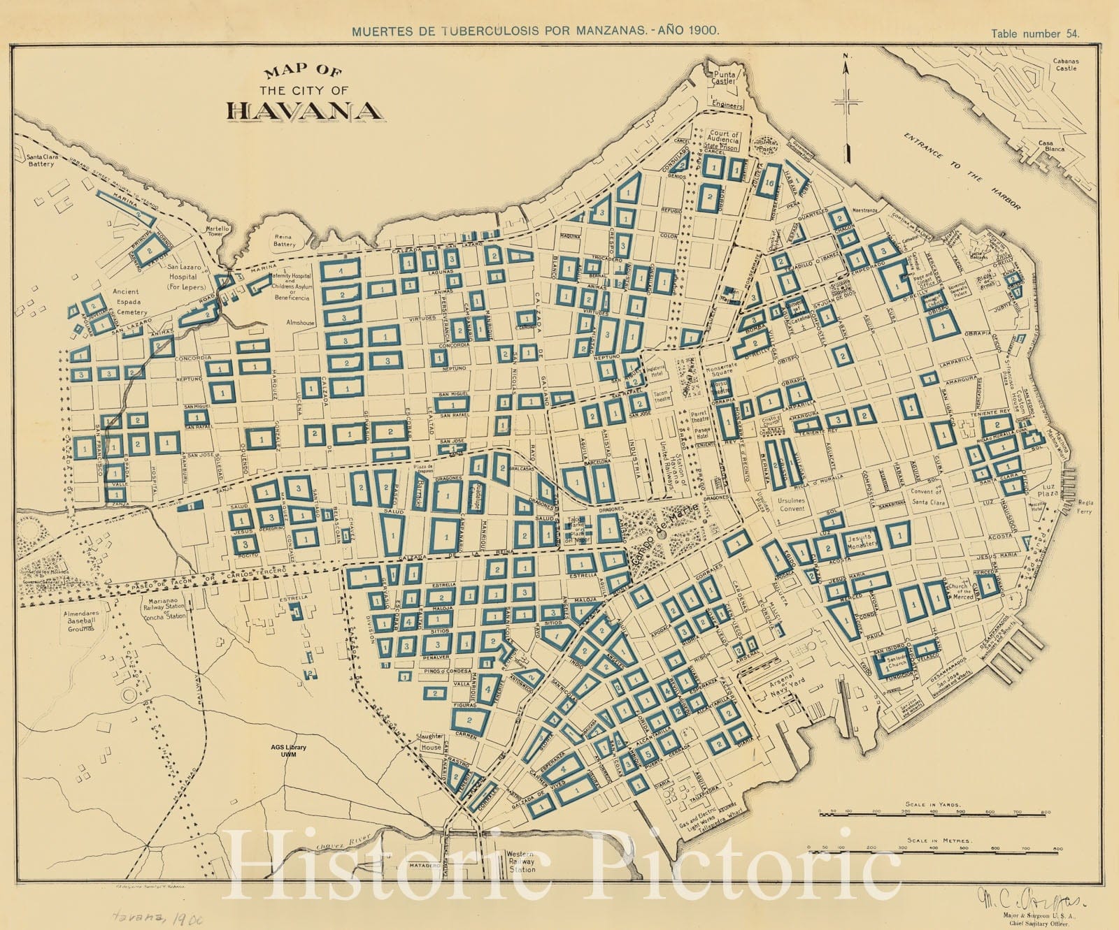 Map : Havana, Cuba 1900, Map of the city of Havana : muertes de tuberculosis por manzanas ano 1900 , Antique Vintage Reproduction