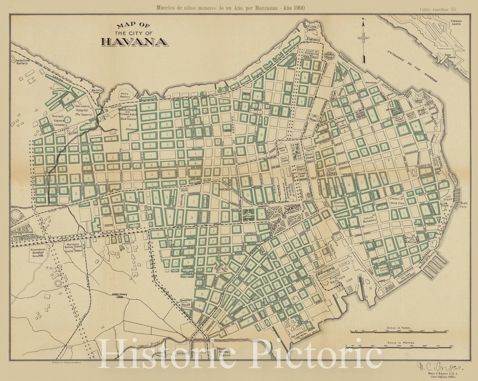 Map : Havana, Cuba 1900, Map of the city of Havana : muertes de ninos menores de un ano, por manzanas ano 1900 , Antique Vintage Reproduction