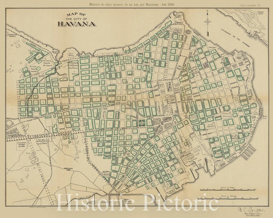 Map : Havana, Cuba 1900, Map of the city of Havana : muertes de ninos menores de un ano, por manzanas ano 1900 , Antique Vintage Reproduction