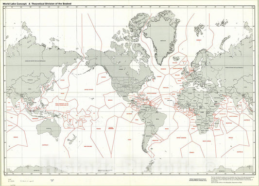 Map : World map 1977, World lake concept : A theoretical division of the seabed, Antique Vintage Reproduction