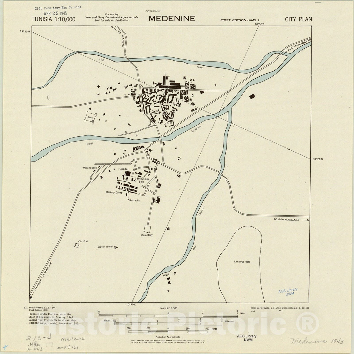 Map : Medenine, Tunisia 1943, Medenine : city plan , Antique Vintage Reproduction