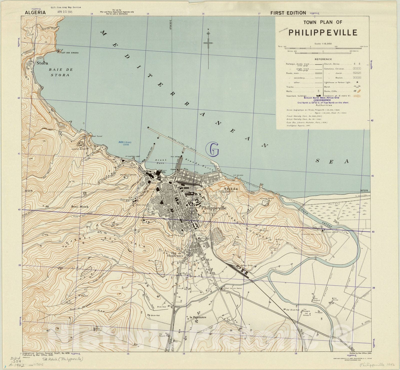 Map : Philippeville, Algeria 1942, Town plan of Philippeville , Antique Vintage Reproduction