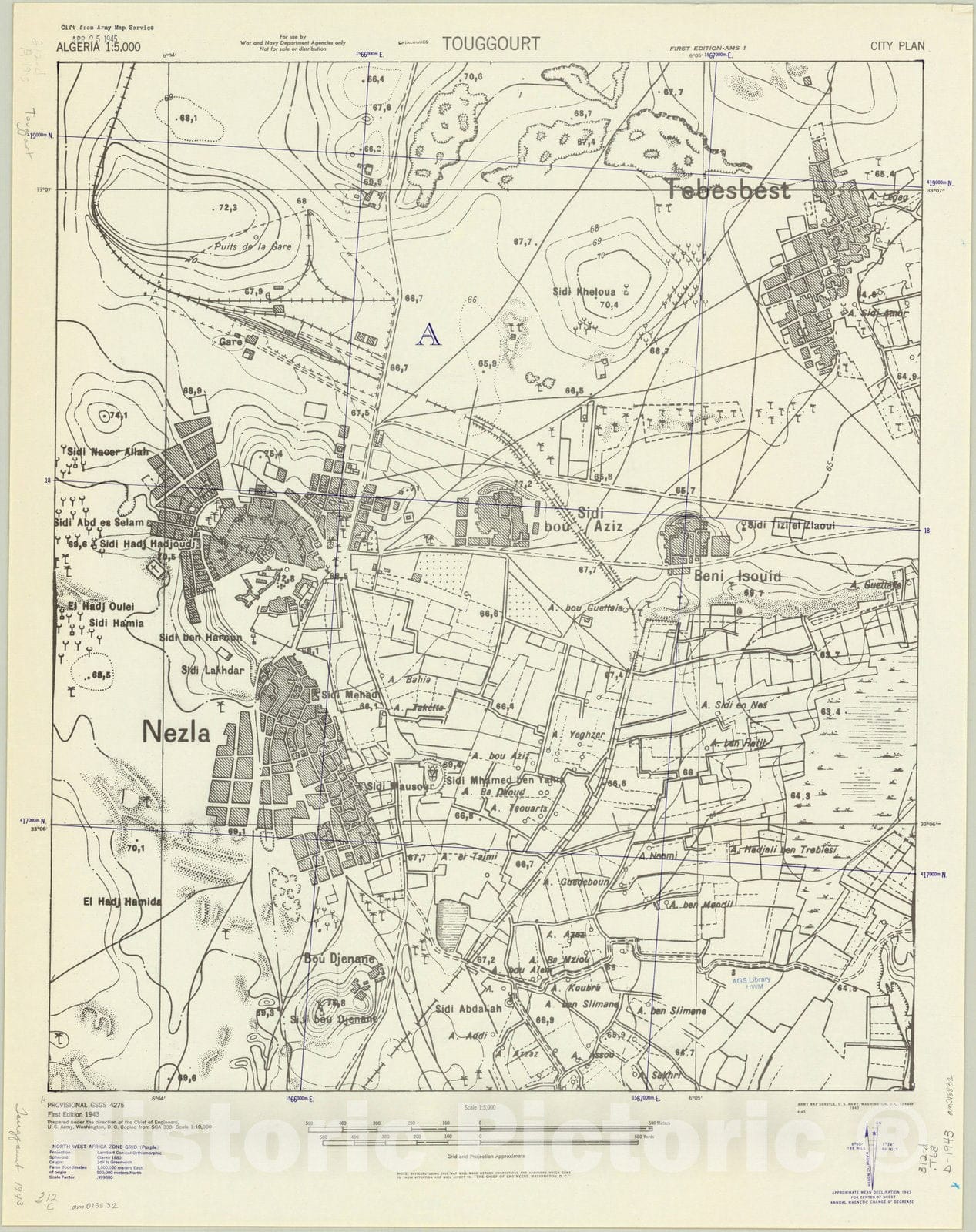 Map : Touggourt, Algeria 1943, Touggourt, city plan , Antique Vintage Reproduction