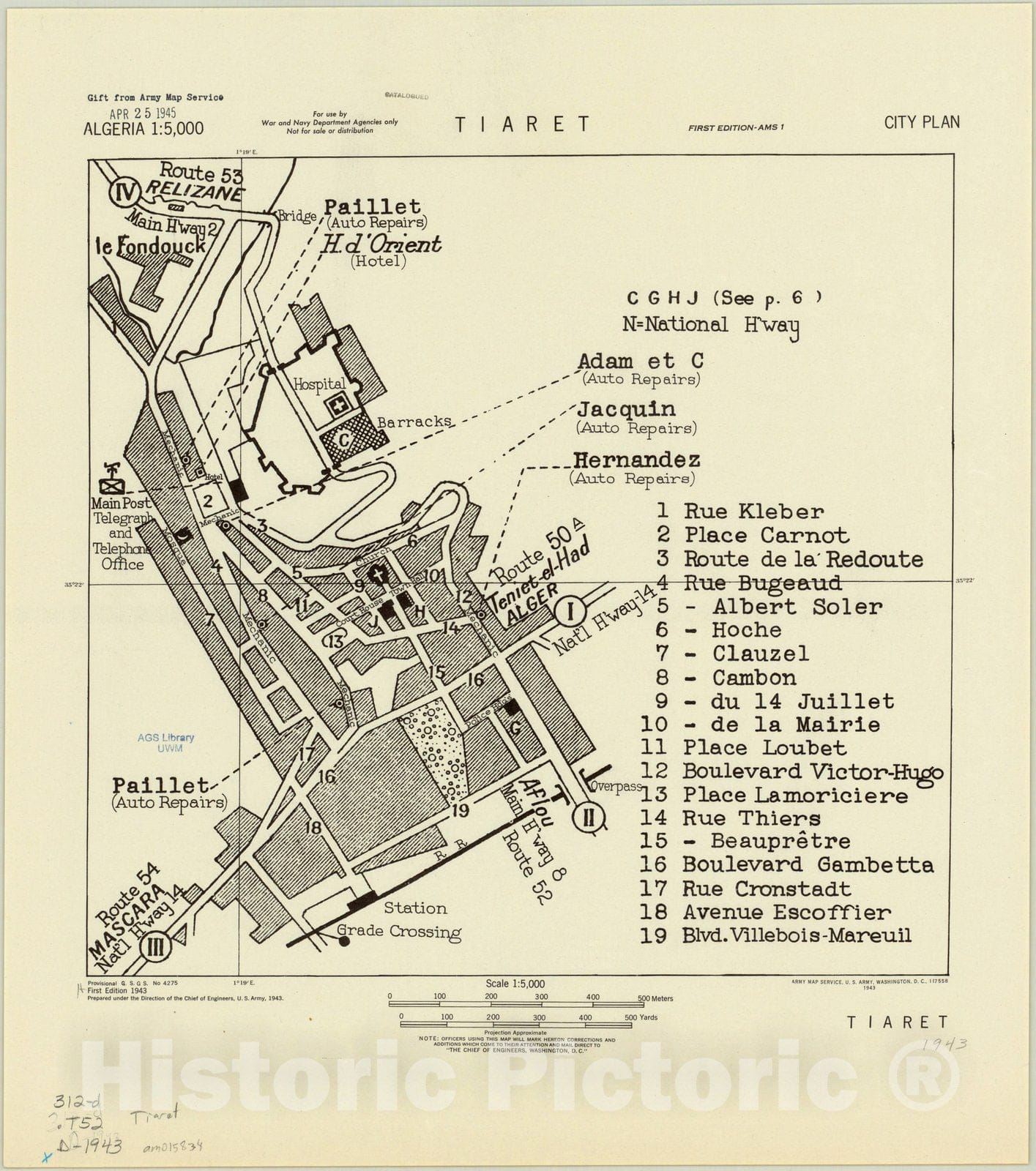 Map : Tiaret, Algeria 1943, Tiaret, city plan , Antique Vintage Reproduction