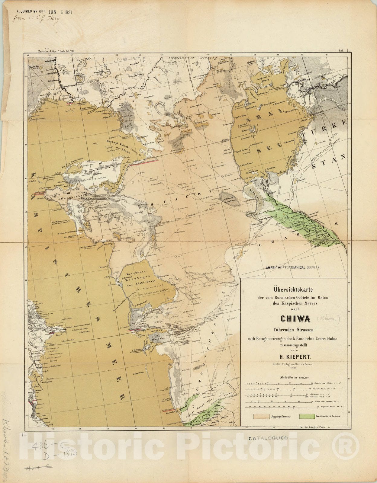Historic Map : Khiva region, Uzbekistan 1873, Ubersichtskarte der vom Russischen Gebiete im Osten des Kaspischen Meeres nach Chiwa fuhrenden Strassen , Antique Vintage Reproduction