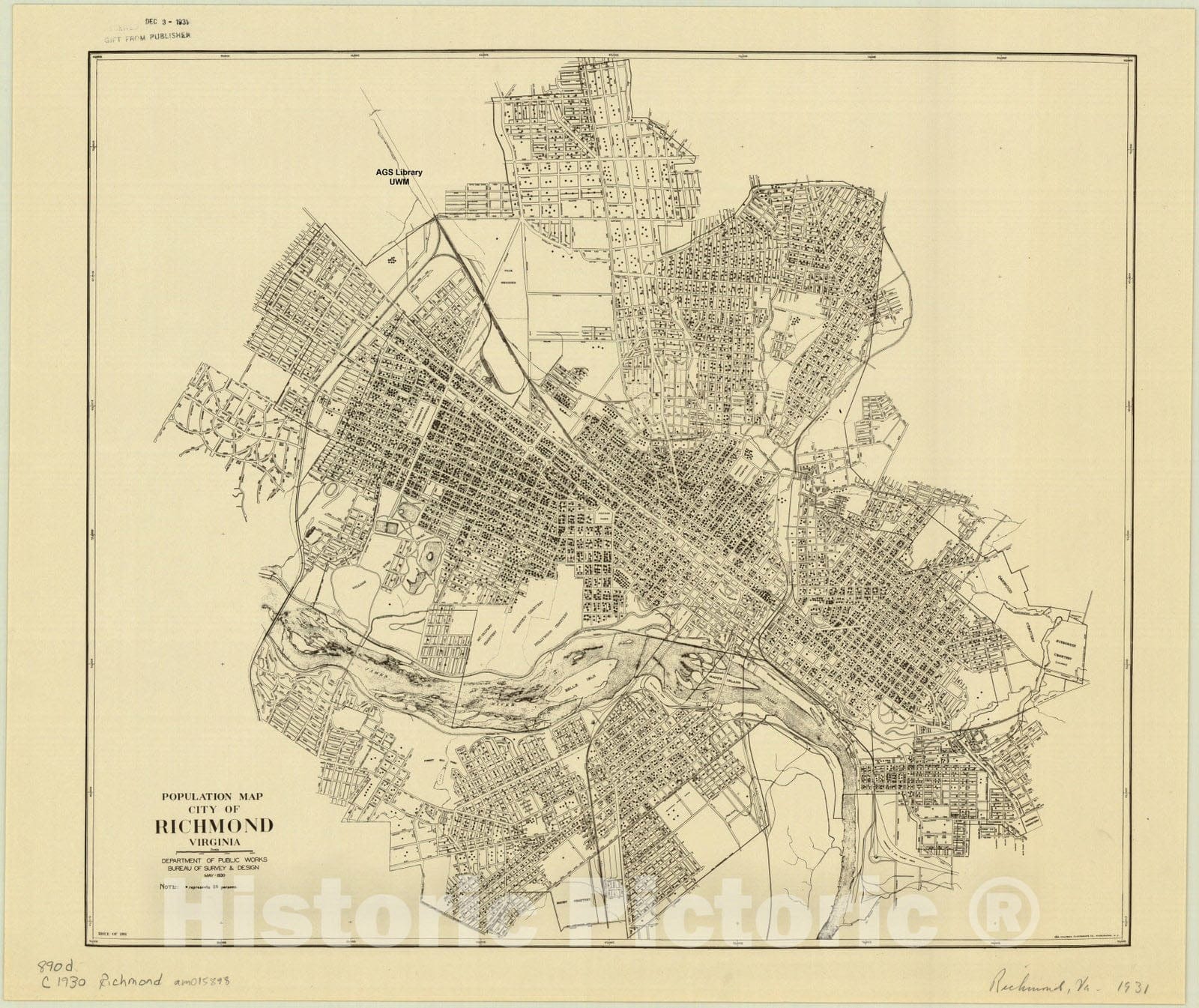 Map : Richmond, Virginia 1931, Population map, city of Richmond, Virginia , Antique Vintage Reproduction