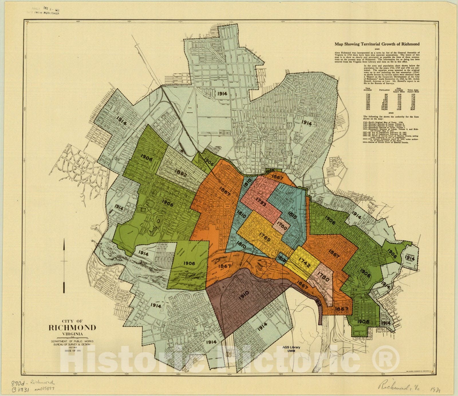 Map : Richmond, Virginia 1931, City of Richmond, Virginia : map showing territorial growth of Richmond , Antique Vintage Reproduction