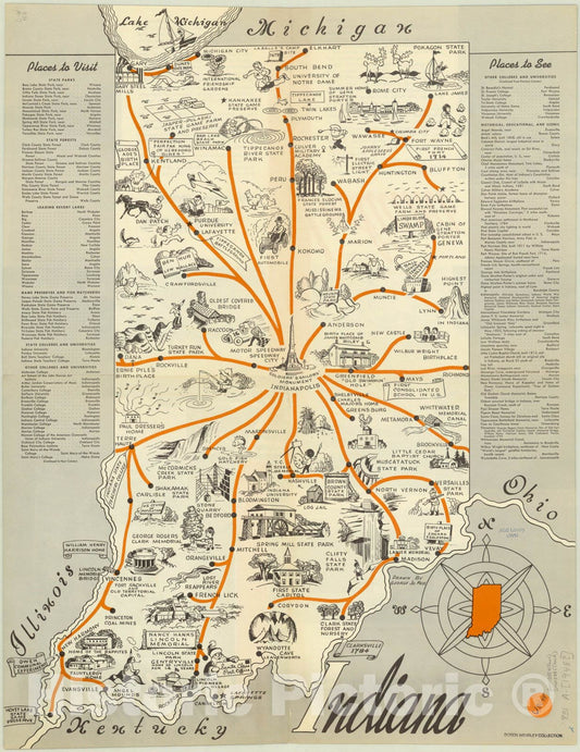 Map : Indiana 1948, See Indiana , Antique Vintage Reproduction
