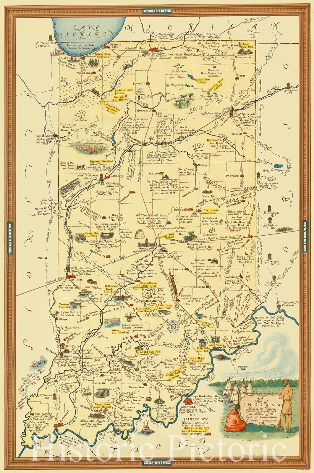 Map : Indiana 1932, A map of Indiana showing its history, points of interest, and the holdings of the Dept. of Conservation , Antique Vintage Reproduction