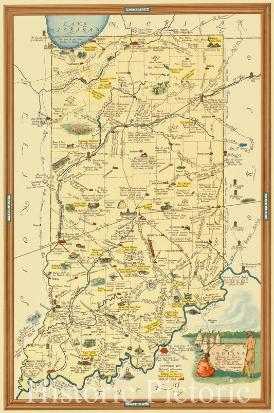 Map : Indiana 1932, A map of Indiana showing its history, points of interest, and the holdings of the Dept. of Conservation , Antique Vintage Reproduction