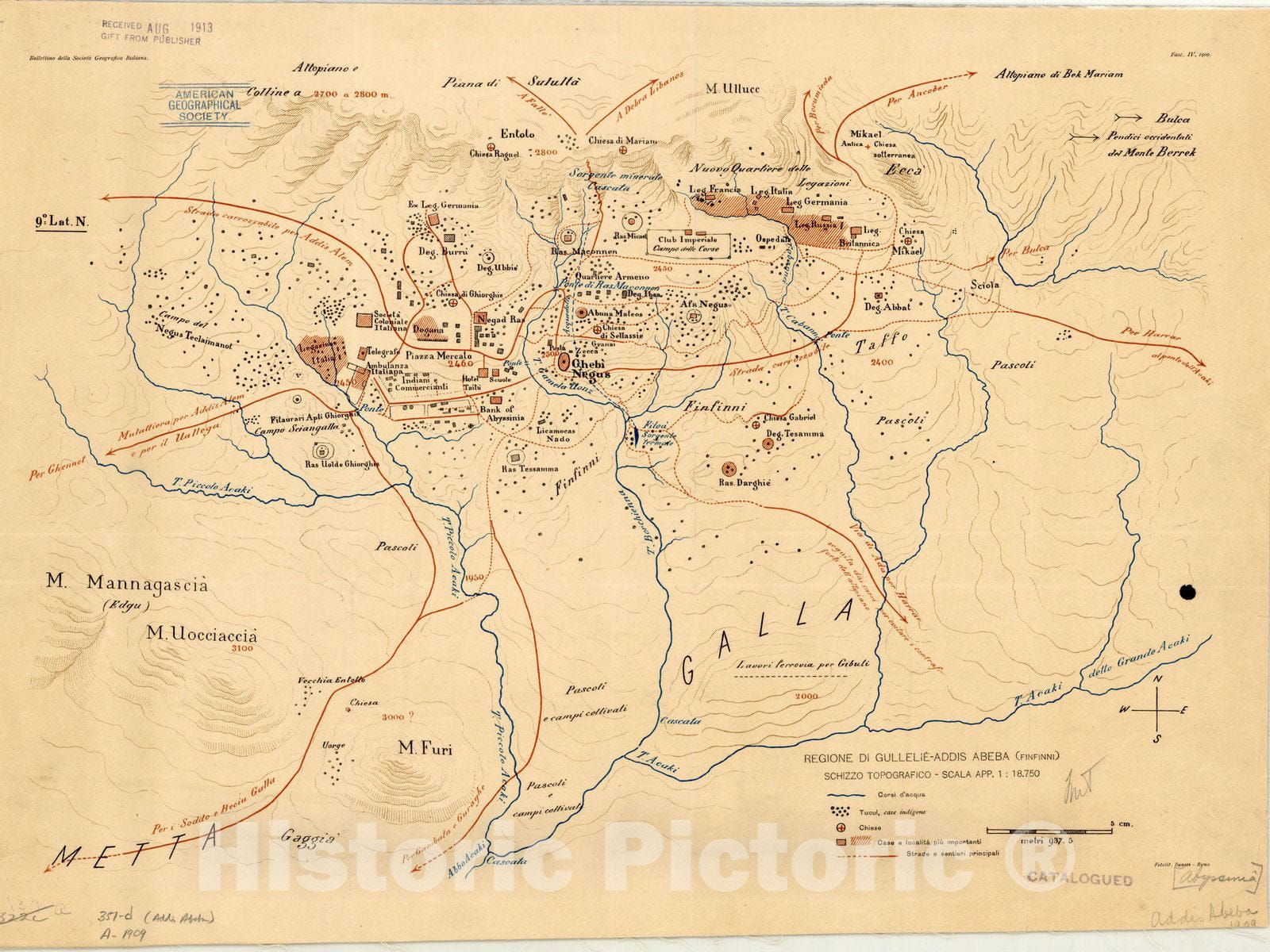 Map : Addis Abeba (Ethiopia) 1909, Regione di Gullelie-Addis Abeba (Finfinni) schizzo topografico , Antique Vintage Reproduction