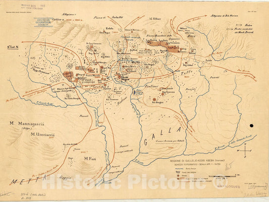 Map : Addis Abeba (Ethiopia) 1909, Regione di Gullelie-Addis Abeba (Finfinni) schizzo topografico , Antique Vintage Reproduction
