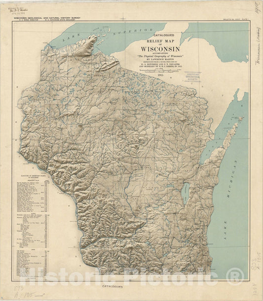 Map : Wisconsin 1915, Relief map of Wisconsin : accompanying |"The Physical Geography of Wisconsin|" , Antique Vintage Reproduction