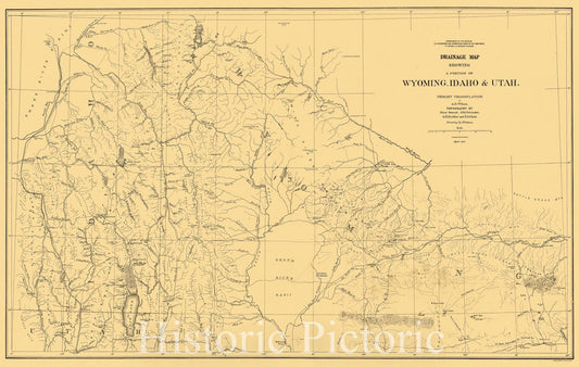 Map : Green River Watershed, Wyoming 1879, Drainage map showing portions of Wyoming, Idaho and Utah , Antique Vintage Reproduction