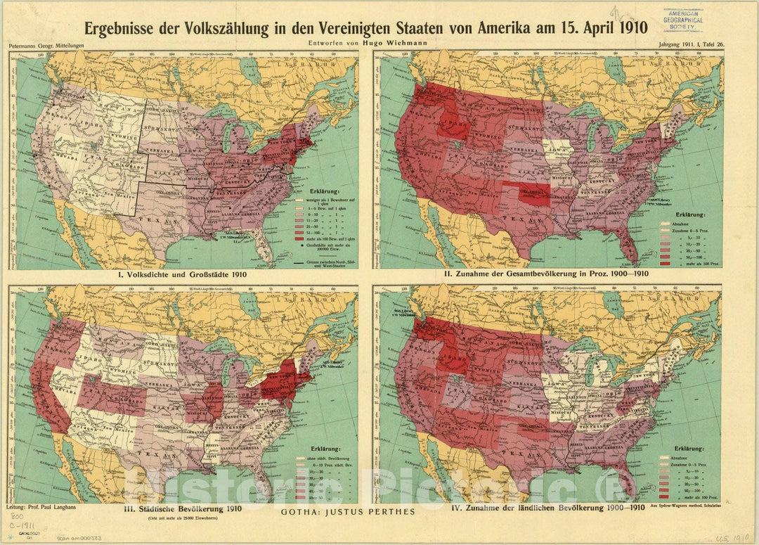 Map : United States population 1910, Ergebnisse der VolkszA?hlung in den Vereinigten Staaten von Amerika am 15. April 1910 , Antique Vintage Reproduction