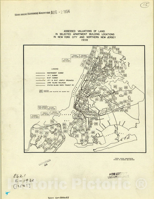 Map : New York 1954, Assessed valuations of land in selected apartment building locations in New York City and northern New Jersey, 1938 , Antique Vintage Reproduction