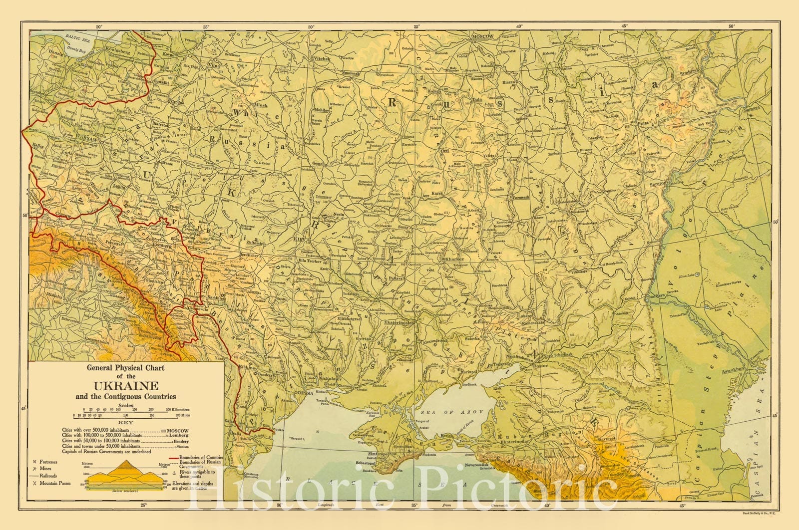 Map : Ukraine 1910-1918, General physical chart of the Ukraine and the contiguous countries, Antique Vintage Reproduction