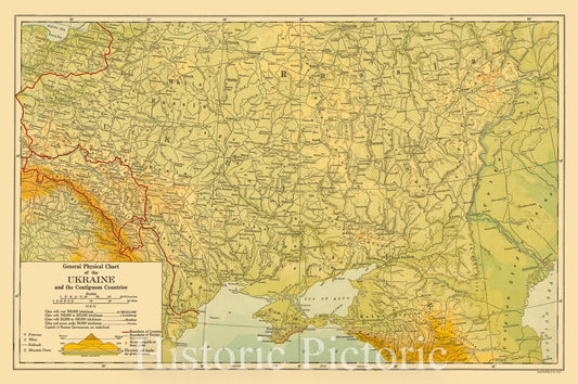 Map : Ukraine 1910-1918, General physical chart of the Ukraine and the contiguous countries, Antique Vintage Reproduction