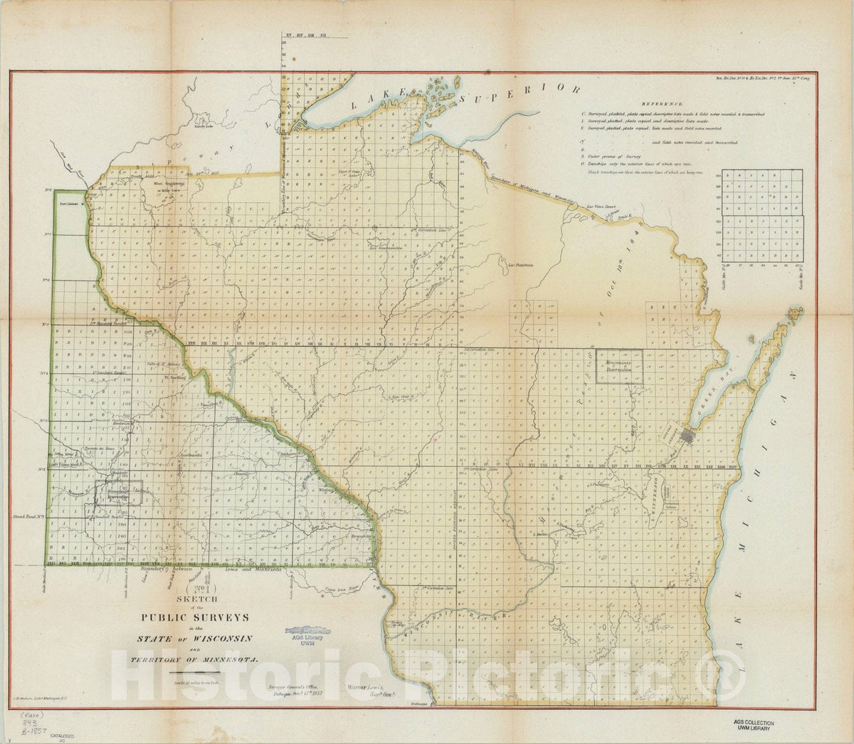 Map : Wisconsin and Minnesota 1857, sketch of public surveys, Antique Vintage Reproduction