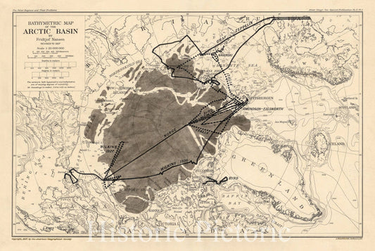 Map : Arctic Basin 1927, Bathymetric map of the Arctic Basin , Antique Vintage Reproduction