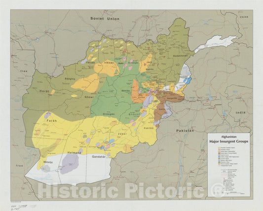 Map : Afghanistan 1985, Afghanistan major insurgent groups, Antique Vintage Reproduction
