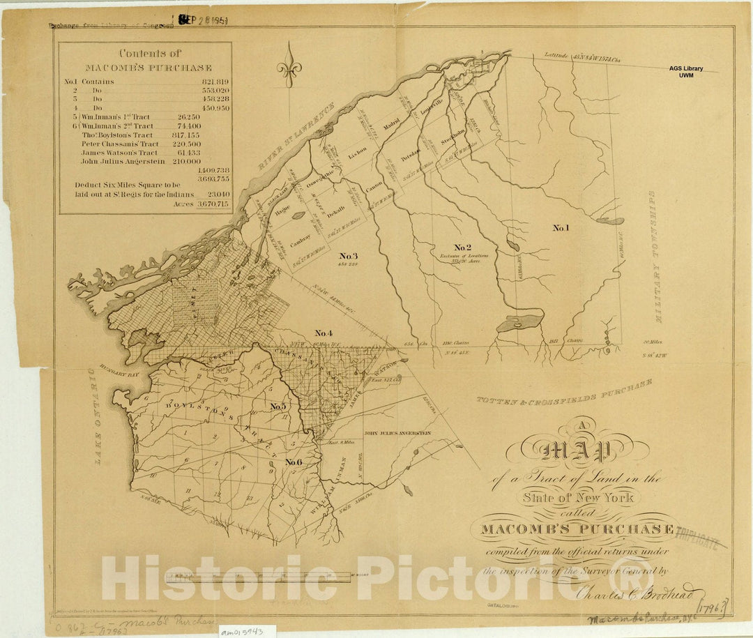 Map : New York 1853, A map of a tract of land in the State of New York called Macomb's Purchase, Antique Vintage Reproduction