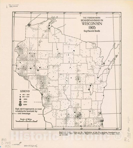 Map : Wisconsin 1931, The foreign-born Scandinavians in Wisconsin, 1905 , Antique Vintage Reproduction