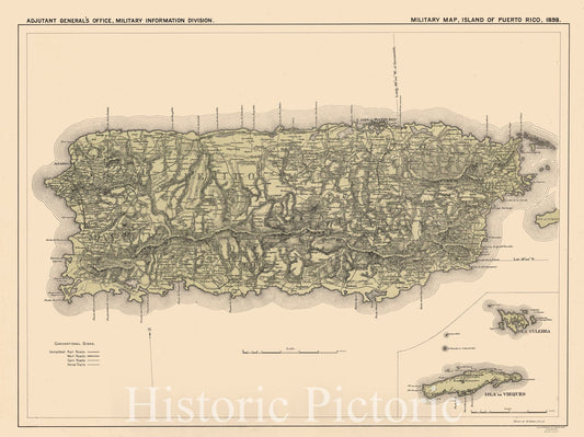 Map : Puerto Rico 1898, Military map, Island of Puerto Rico, 1898 , Antique Vintage Reproduction