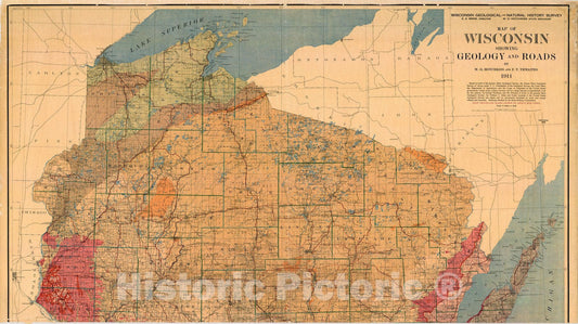 Map : Wisconsin 1911, Map of Wisconsin showing geology and roads , Antique Vintage Reproduction