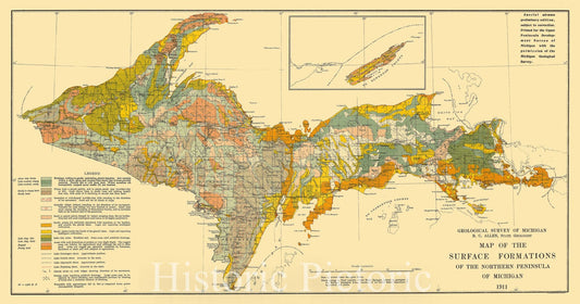 Map : Michigan, upper peninsula 1911, Map of the surface formations of the northern peninsula of Michigan , Antique Vintage Reproduction