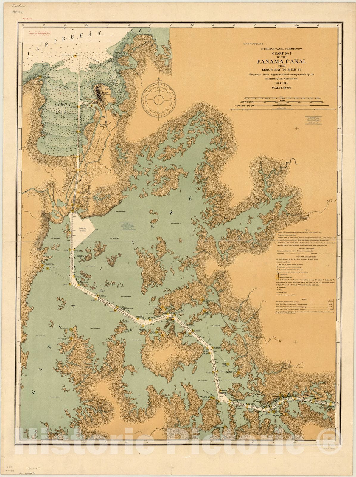 Map : Panama Canal 1914, Chart no. 1 of the Panama Canal from Limon Bay to Mile 29 , Antique Vintage Reproduction