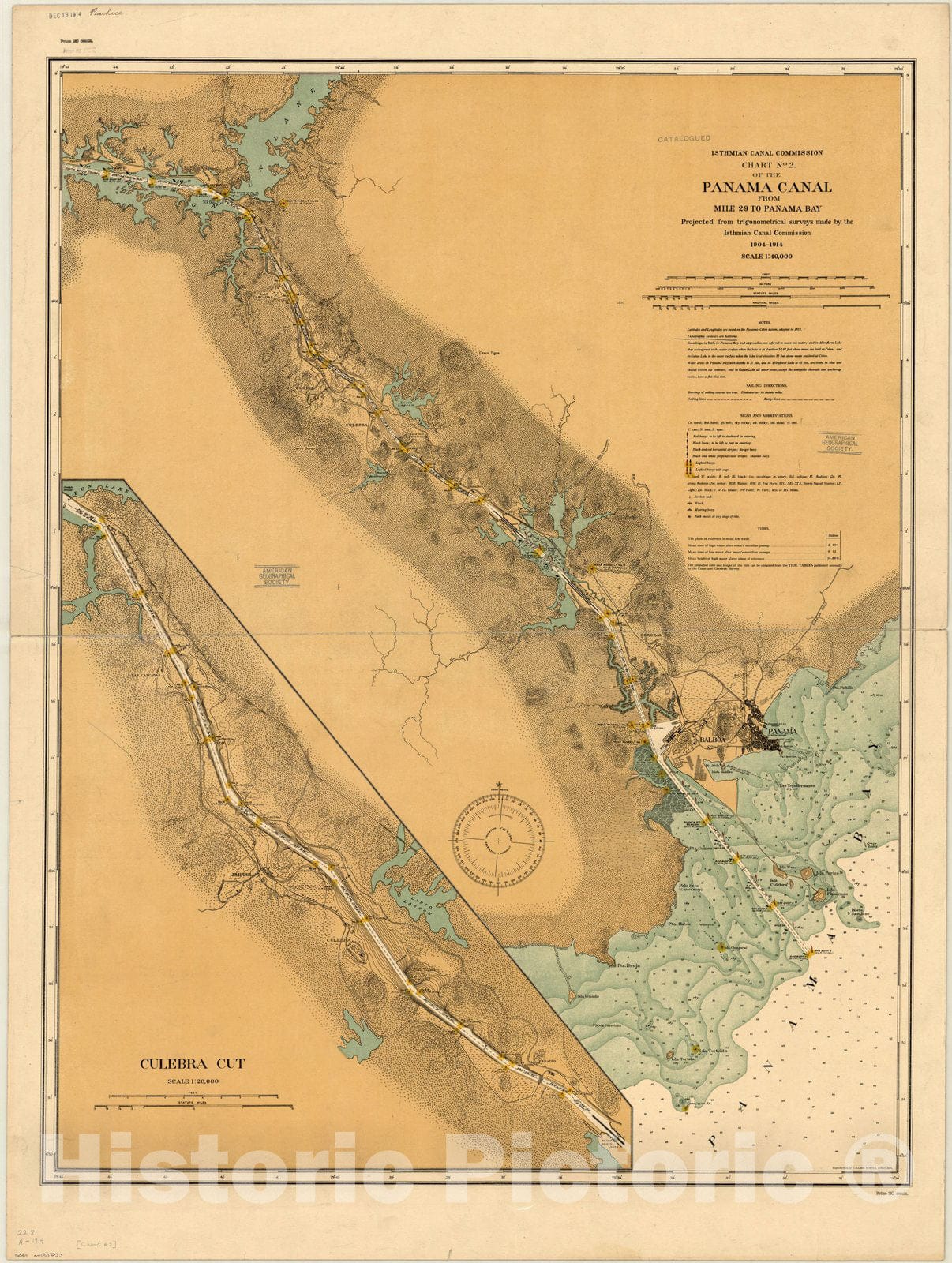 Map : Panama Canal 1914, Chart no. 2 of the Panama Canal from Mile 29 to Panama Bay , Antique Vintage Reproduction