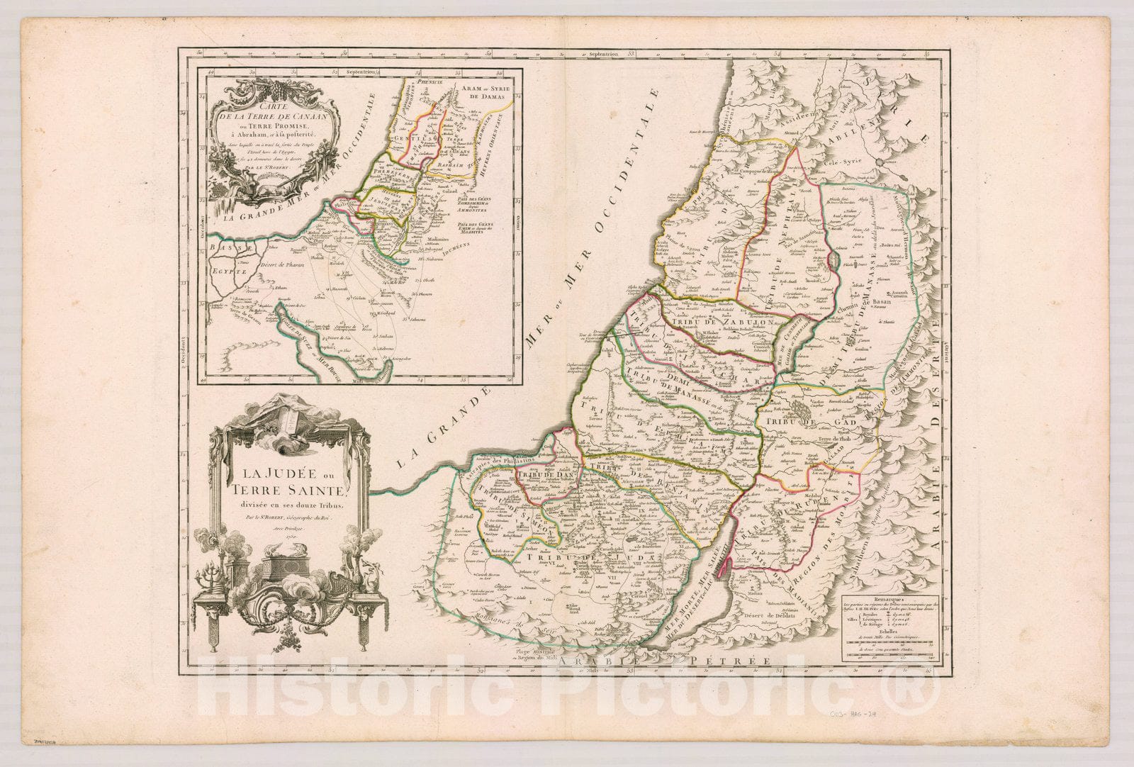 Map : Holy Land Maps #120, La Judee, ou, Terre Sainte, divisee en ses douze tribus , Antique Vintage Reproduction