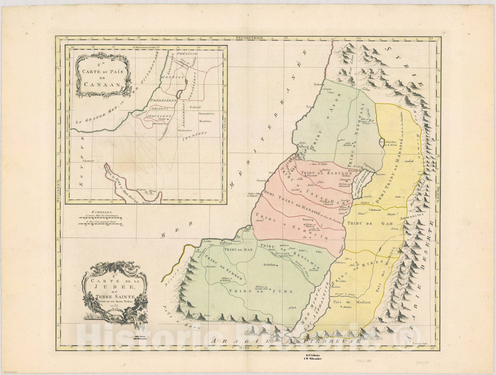 Map : Holy Land Maps #122 1, Carte de la Judee ou Terre Sainte divisee en ses douze tribus , Antique Vintage Reproduction